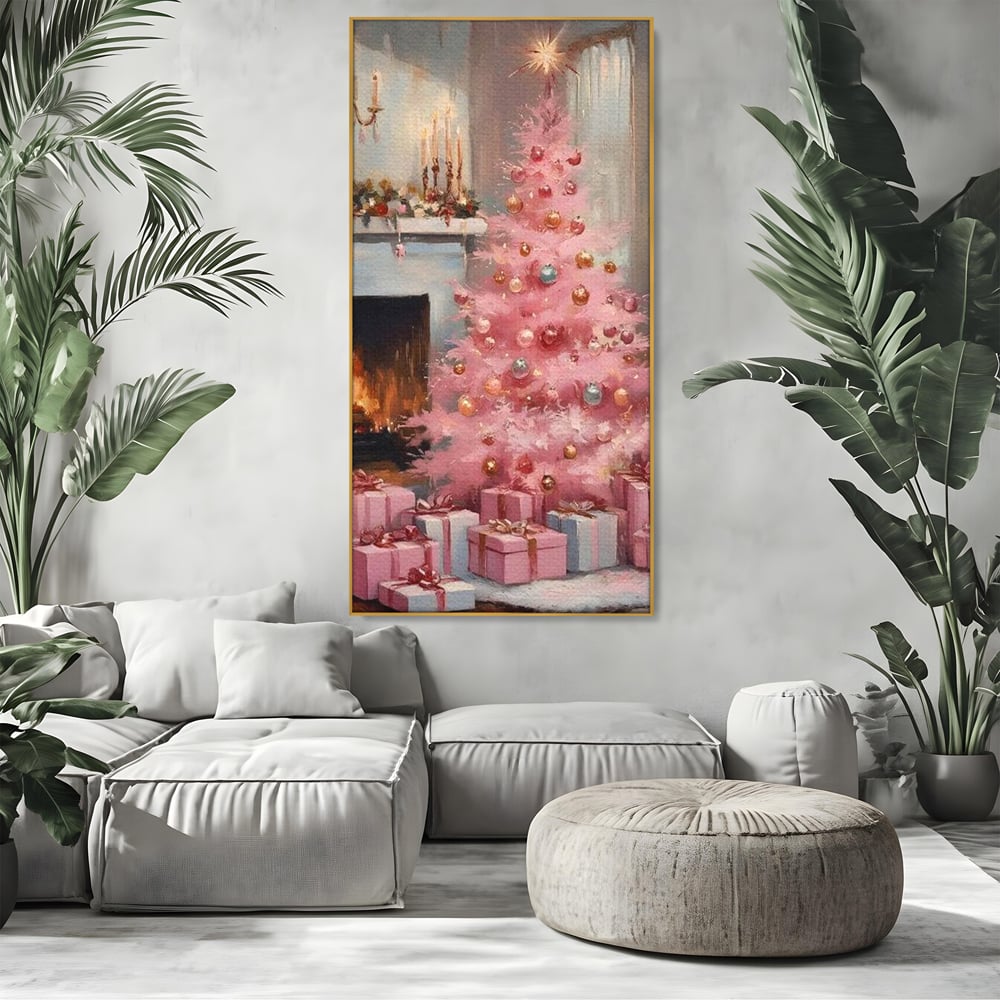 Tablou canvas cu pictura cu brad roz si semineu, in rama de aluminiu auriu, pe perete intr-un living